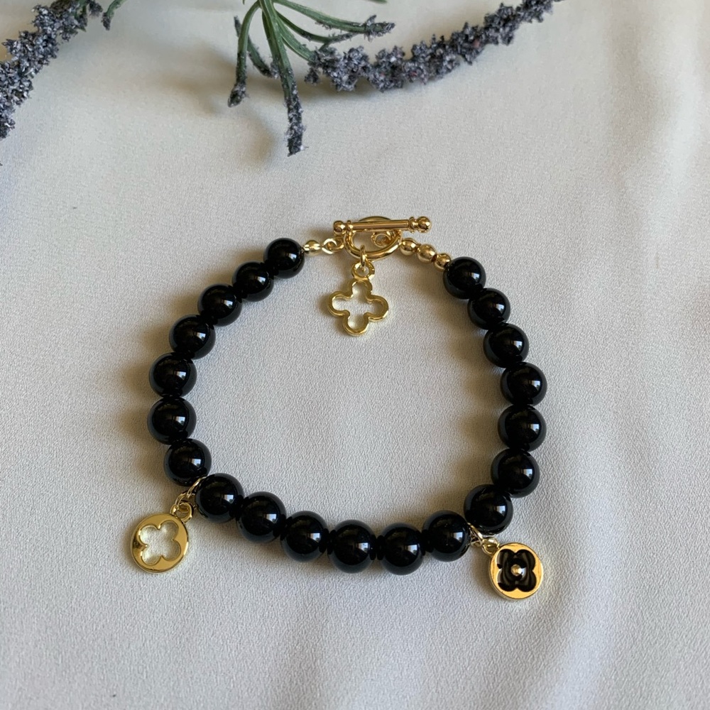 Black Onyx Gold Plated Clover Charm Bracelet